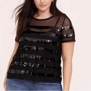 Torrid Black Mesh Sheer Sequin Stripe Plus Crew Neck Blouse Women's 2X